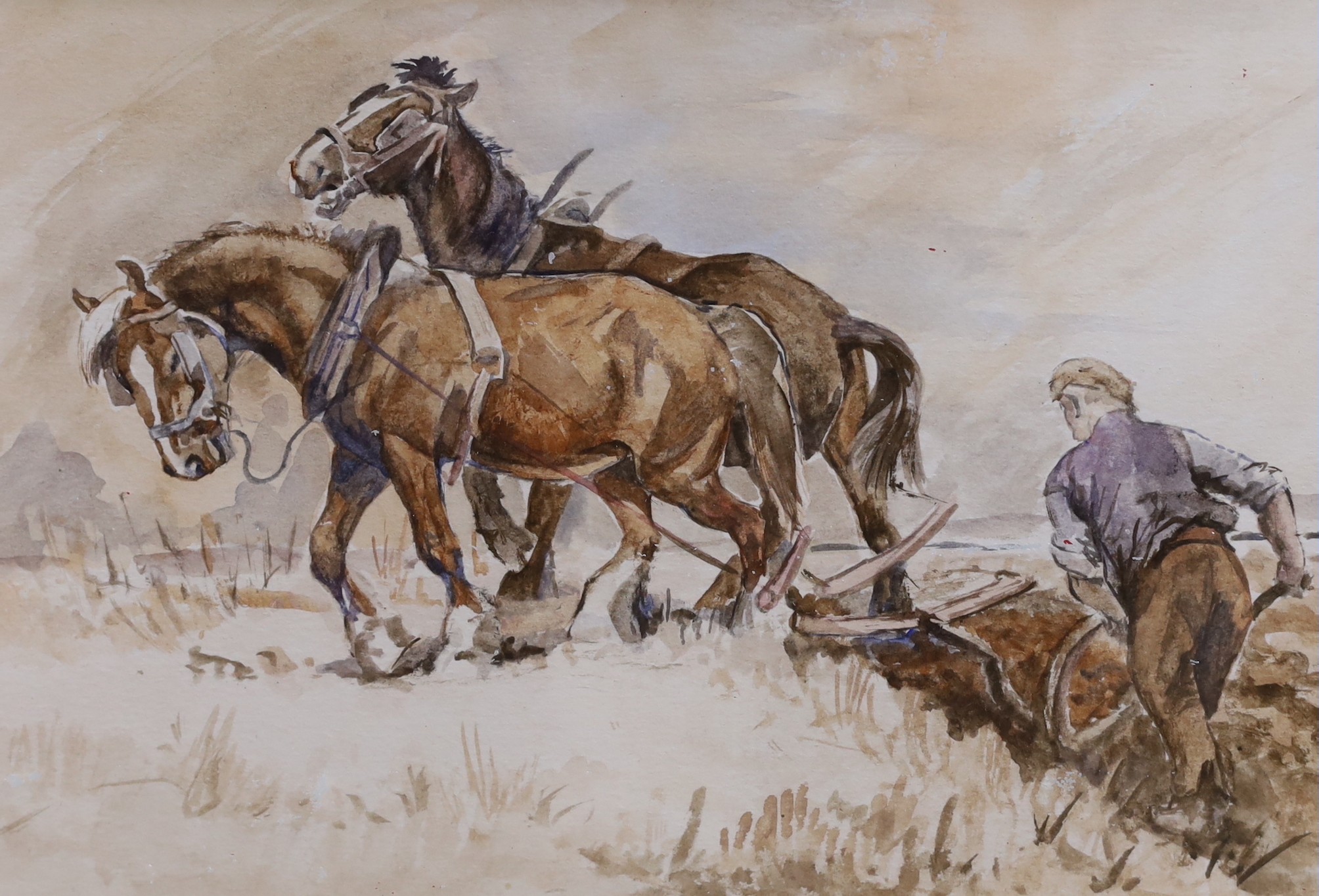 Ernest George Beach (1865-1943), watercolour, Saltwood Castle, signed, 23 x 35cm, and a sketch of plough horses, 18 x 26cm